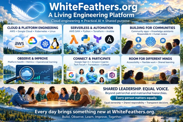 WhiteFeathers.org, a living engineering platform: cloud engineering, practical AI, and shared purpose. Cloud and platform engineering with AWS, Google Cloud, Kubernetes, and Linux. Serverless and automation with AWS SAM, Python, Terraform, and Ansible. Building for communities with community apps, knowledge assistants, responsible AI, and human review. Observe and improve through platform health, metrics, and operational learning. Connect and participate with Google Sign-In, Amazon Cognito, the Tech Forum, translation, and contact. Room for different minds through accessibility, flexible work, and shared learning. Shared leadership and equal voice, beyond patriarchal and matriarchal hierarchies: every person matters equally, with equal ownership, shared responsibility, and transparent decisions. Every day brings something new at WhiteFeathers.org. Build. Observe. Learn. Improve. Together.